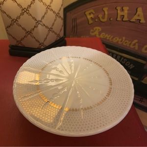 1956 Anchor Hocking Pedestal Cake Stand Milk Glass 22k Gold Fleur De Lis 1950s